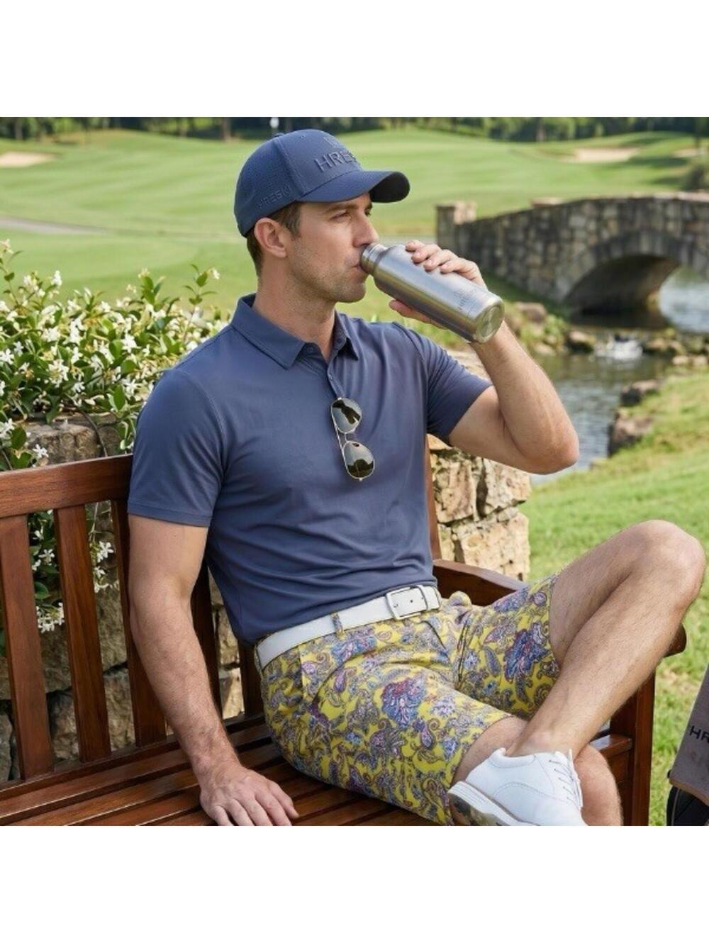 HRESKI Men's Yellow Blue Paisley Performance Outdoor Golf Shorts Sz 40